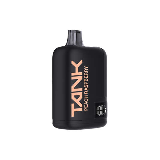 A black Tank disposable vape device with peach vertical branding that reads 'TANK' and 'PEACH RASPBERRY' on the side, shown against a plain white background.