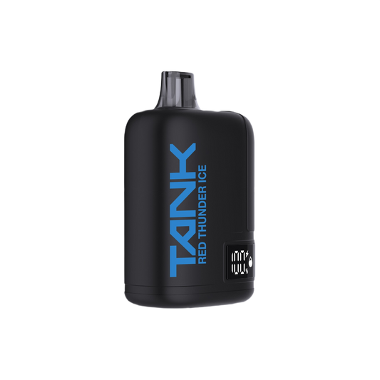 A black Tank Red Thunder Ice disposable vape device with blue branding text and a small digital display showing 100% battery, set against a plain white background.