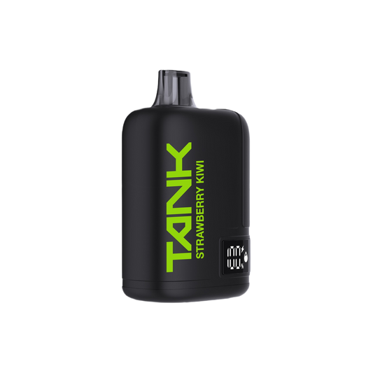A black Tank disposable vape device with a translucent mouthpiece, featuring vertical lime green text that reads 'TANK' and 'STRAWBERRY KIWI' on the side, set against a plain white background.