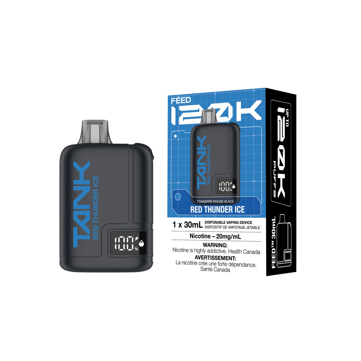 A black disposable vape device with blue branding next to its retail box, labeled 'FEED 120K' and 'RED THUNDER ICE', on a plain white background.