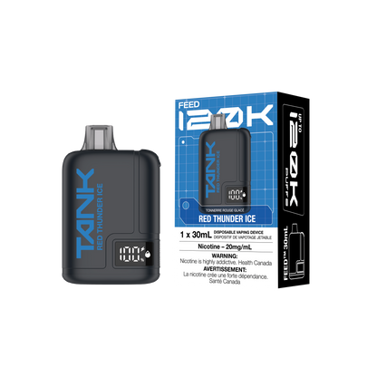 A black disposable vape device with blue branding next to its retail box, labeled 'FEED 120K' and 'RED THUNDER ICE', on a plain white background.