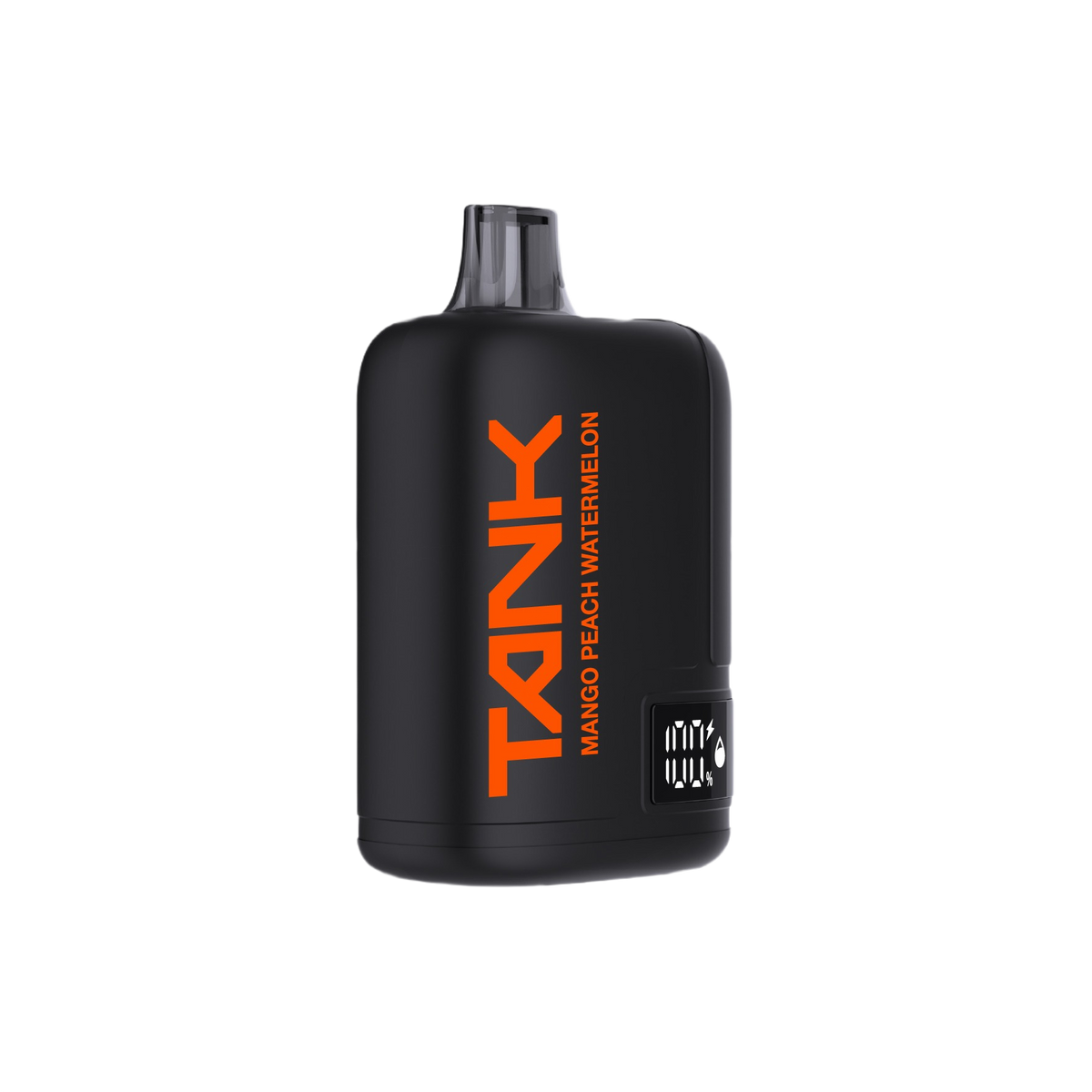 A black Tank disposable vape device in Mango Peach Watermelon flavor, featuring a matte black finish with bold orange branding and a small digital display showing 100% battery.