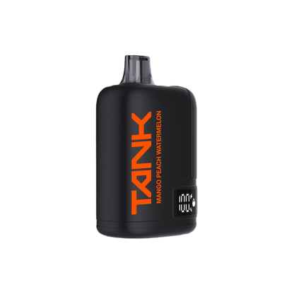 A black Tank disposable vape device in Mango Peach Watermelon flavor, featuring a matte black finish with bold orange branding and a small digital display showing 100% battery.