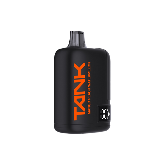 A black Tank disposable vape device in Mango Peach Watermelon flavor, featuring a matte black finish with bold orange branding and a small digital display showing 100% battery.