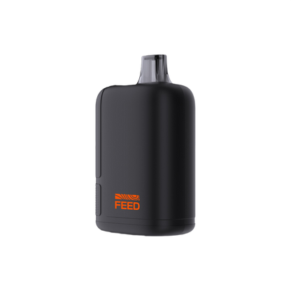 A matte black rectangular vape device with a clear mouthpiece and an orange 'FEED' logo on the lower front, shown against a solid white background.