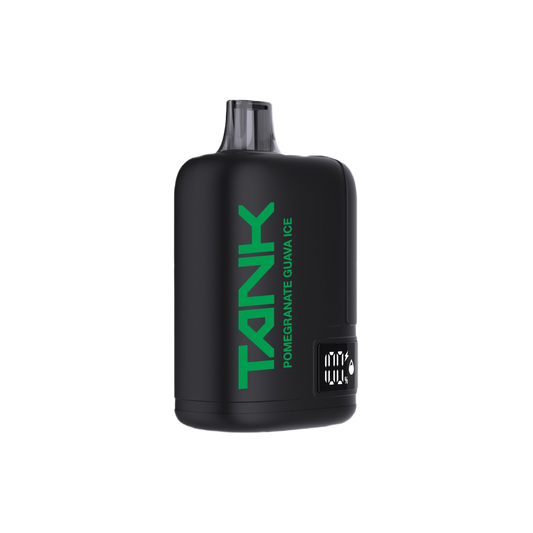 A black Tank disposable vape device with green vertical branding and 'POMEGRANATE GUAVA ICE' text, shown on a plain white background.