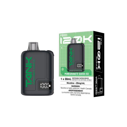 A TANIX FEED 120K disposable vape device in black with green branding, shown next to its retail packaging box on a plain white background.